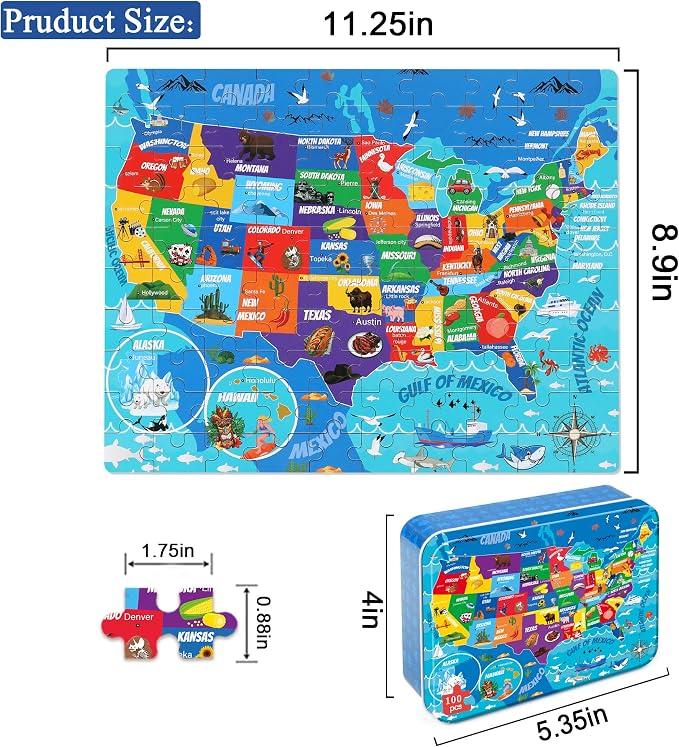 LELEMON United States Puzzles for Kids Ages 4-8,100 Pieces USA Sea Map Jigsaw Puzzles in a Metal Box,Fun America Map Learning Educational Toys for Boys Girls - Image 2