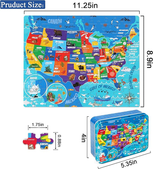 LELEMON United States Puzzles for Kids Ages 4-8,100 Pieces USA Sea Map Jigsaw Puzzles in a Metal Box,Fun America Map Learning Educational Toys for Boys Girls - Image 2