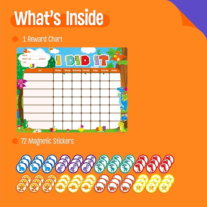Magnetic Reward Chart, Dry Erase Task Board-One Chart & 72 Magnetic Reward Magnets, Dinosaur Theme Behavior Tracker for Daily Routine, Potty Training - Image 2