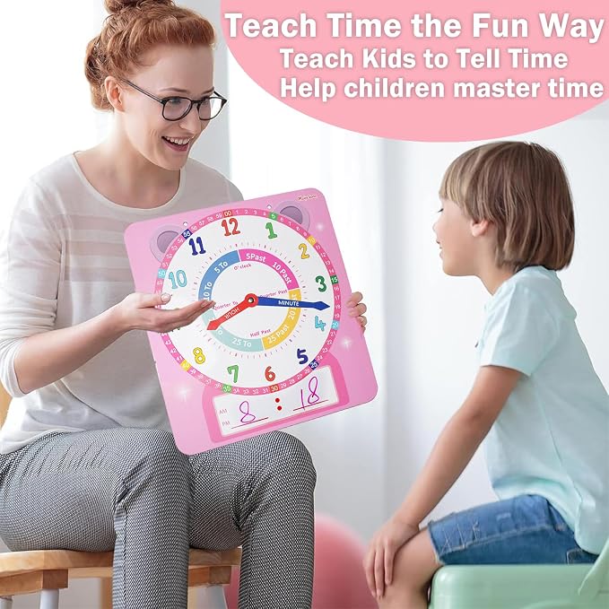 Teaching Clocks for Kids, Large Magnetic Writable Dry Erase Learning Clock with Pen,12" Teaching Demonstration Clock Learning Time to Tell Time for Kids Home School Classroom Supplies-Pink - Image 7
