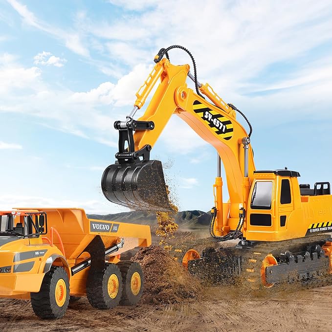 DOUBLE E Remote Control Excavator Toy 2 Batteries RC Excavators Sandbox Digger Hydraulic Construction Toys Vehicles Birthday Gift for Boys Kids 3-14 Years