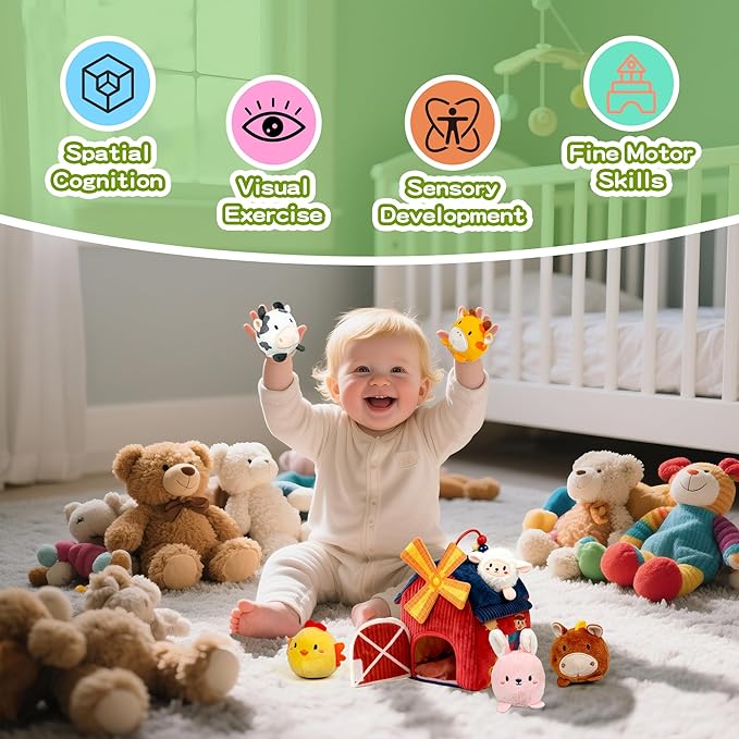 brenzo Barnyard Baby Toys 6-12 Months, 7-Piece Montessori Sensory Playset Babies 0-3, Tummy Time Companion w/ 6 Farm Animals, Rattle, Crinkle, Squeaker & Mirror, Ideal Newborn Toddler Christmas Gift