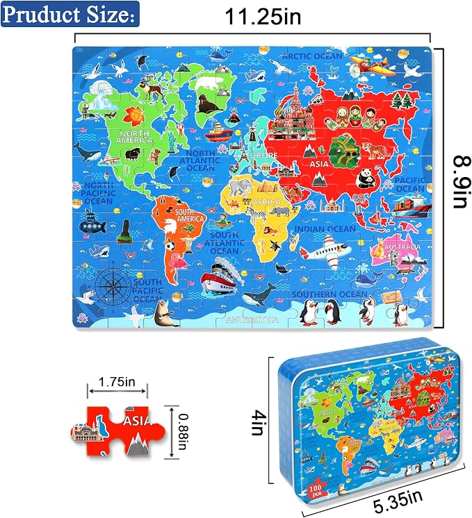 LELEMON World Map Puzzles for Kids Ages 4-8,100 Pieces World Sea Map Jigsaw Puzzles in a Metal Box,Fun World Map Learning Educational Toys for Boys Girls - Image 2