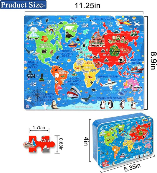 LELEMON World Map Puzzles for Kids Ages 4-8,100 Pieces World Sea Map Jigsaw Puzzles in a Metal Box,Fun World Map Learning Educational Toys for Boys Girls - Image 2