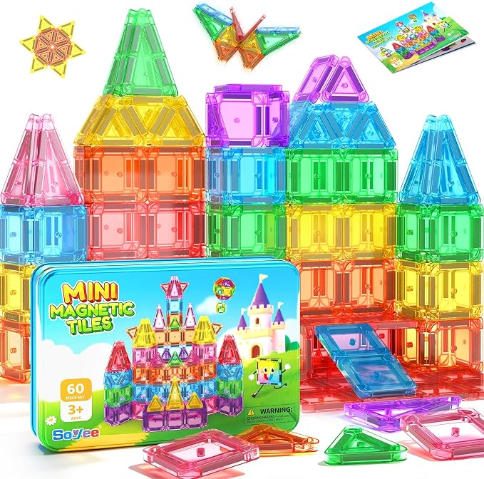 Soyee Mini Travel Magnetic Tiles 60PCS with Metal Tin Case Toddler Kids Toys Travel Essentials, Toddler Travel Toys Portable STEM Building Blocks Compatibility with Regular Size Magnetic Tiles by Soyee