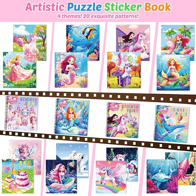 4Pcs Puzzle Sticker Book for Toddlers 3-8, Early Learning Paint by Sticker with Story - Travel Activity Puzzle Toy for Kids Screen Free Educational, Separation Anxiety - Airplane Car Road Trip Gifts