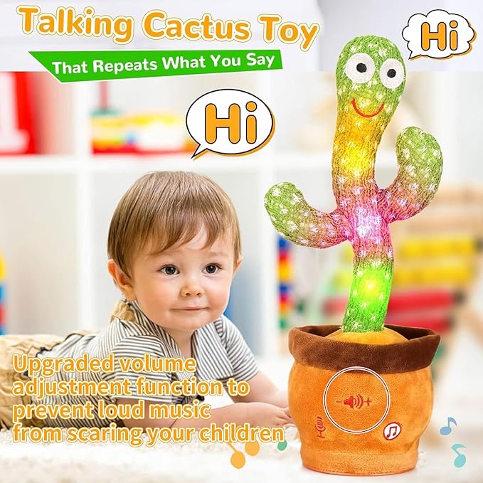 Volume Adjustable Dancing Talking Cactus, Singing Repeating Recording Mimicking Cactus Baby Toys, Interactive Learning Tummy Time Toy for Toddler Boys Girls, Stocking Stuffers for Kids, for Grandkids