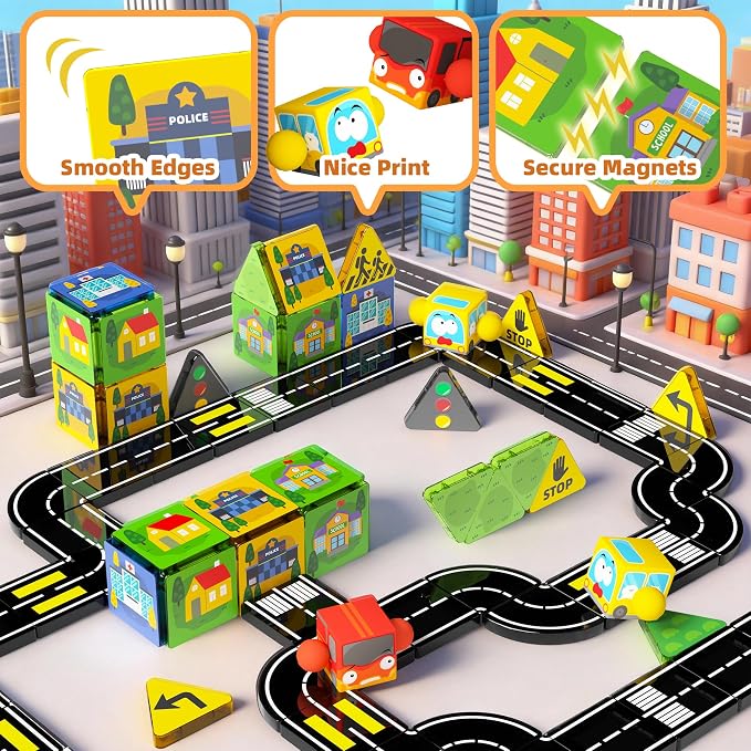 GobiDex Mini Magnetic Tiles Road Set with 2 Cars for Kids Ages 3+ - Image 5