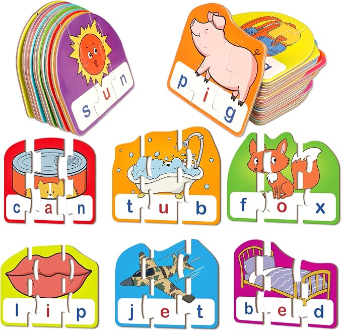 Kasfalci CVC Puzzle Cards for Kids,Back to School Supplies,Speech Therapy Toys for Toddlers,3 Alphabet Letter Word Puzzles,Learning Spelling Games,Preschool Kindergarten Classroom Must Haves by Kasfalci
