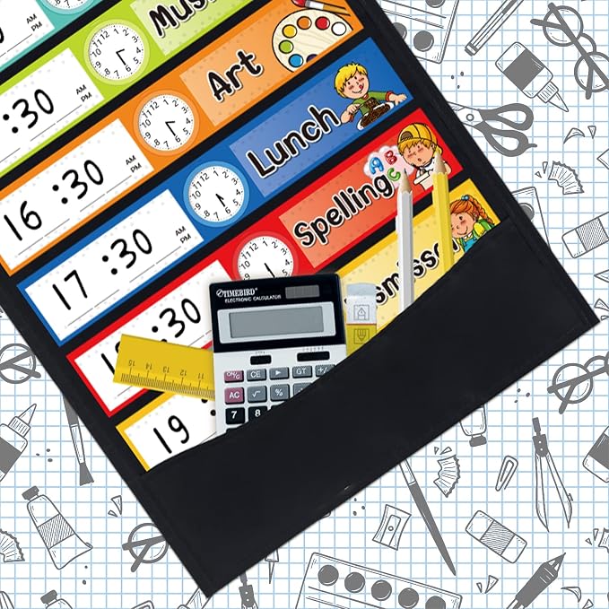 Daily Schedule Pocket Chart Kit,40 Bright Attractive Double-Sided Reusable Erasable Cards,1 Title Card,13+1 Scheduling Pocket Chart with 2 Hangers for Classroom Office Home Preschool Learning (Black) - Image 6