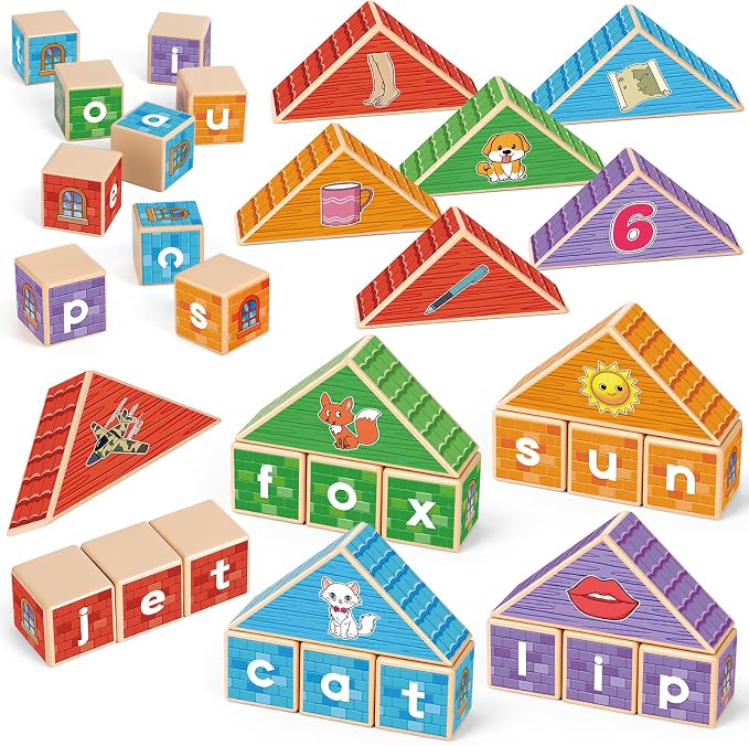 CVC Kasfalci Wooden Alphabet Letter Blocks - Toddler Phonics Games for Learning to Read & Spell, Speech Therapy Toys for Preschool Kindergarten Classroom by Kasfalci