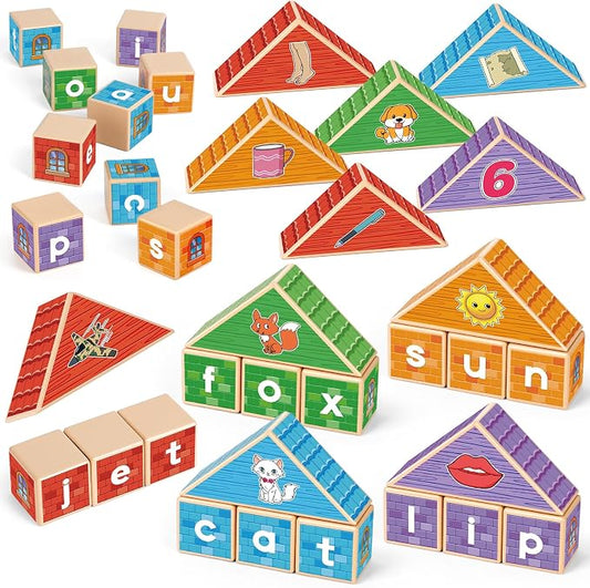 CVC Kasfalci Wooden Alphabet Letter Blocks - Toddler Phonics Games for Learning to Read & Spell, Speech Therapy Toys for Preschool Kindergarten Classroom by Kasfalci