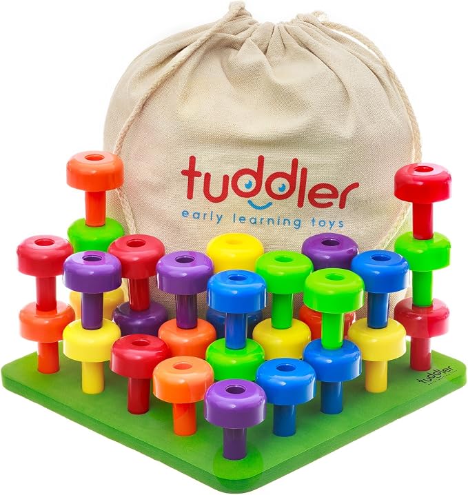 Toddler Peg Board Sensory Montessori Fine Motor Skills Educational Toys - 30 Stackable Pegs + Pattern Card + Drawstring Backpack + E-Book by Tuddler