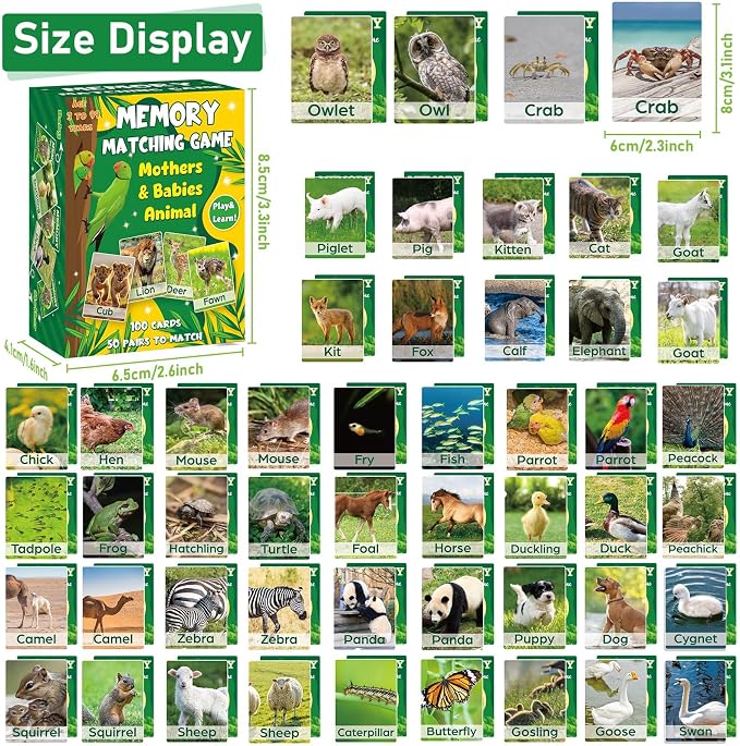 gisgfim 100 PCS Memory Matching Game Adult & Baby Animal Memory Games Educational Matching Game for Kids and Adults A Fun & Fast Animal Memories Games Toddlers Preschool Family Board Gift - Image 2