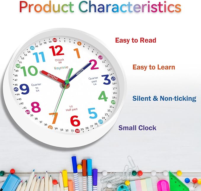 Roymnie Wall Clock for Kids Learning Battery Operated Teaching 8" - Image 6