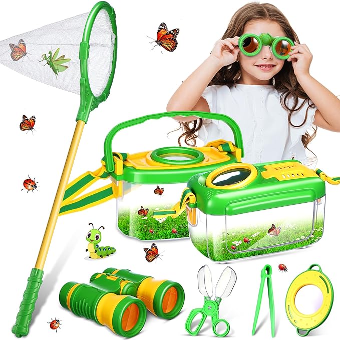 Sherr 7 Pcs Bug Catching Kit for Kids Insect Bug Catching Kit Outdoor Explorer Toys Include Insect Box Butterfly Net Capsule Clip Magnifying Glass Binocular Tweezer Butterfly Viewer Box Adventure Gift by Sherr