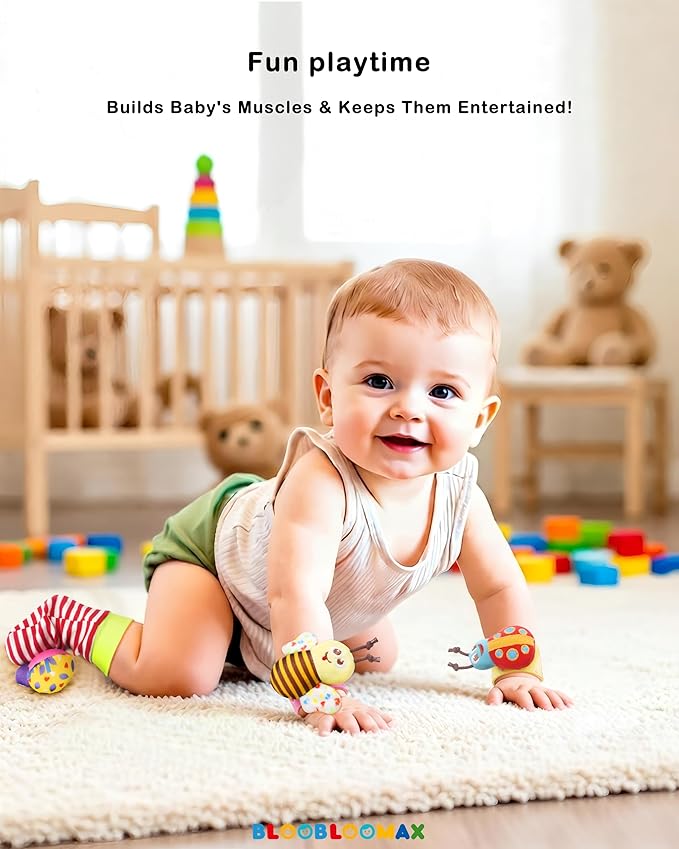 Bloobloomax Wrist Rattle Socks and Foot Finder Set, Infant Girl Boy Toys for Babies 0-36 Months, Newborn Hand & Foot Toys for 0 to 3 Years, Baby Shower Gifts Set (Wine Red Gift Box)