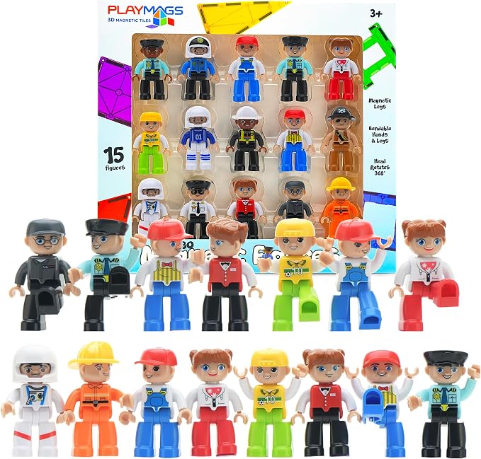 Playmags Large Magnetic Figures Community Set of 15 Pieces – 3” Play People Perfect for Magnetic Toys Building Blocks - STEM Learning Toys for Kids – Magnet Tiles Expansion Accessories Pack by Playmags