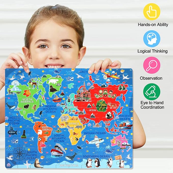 LELEMON World Map Puzzles for Kids Ages 4-8,100 Pieces World Sea Map Jigsaw Puzzles in a Metal Box,Fun World Map Learning Educational Toys for Boys Girls - Image 5