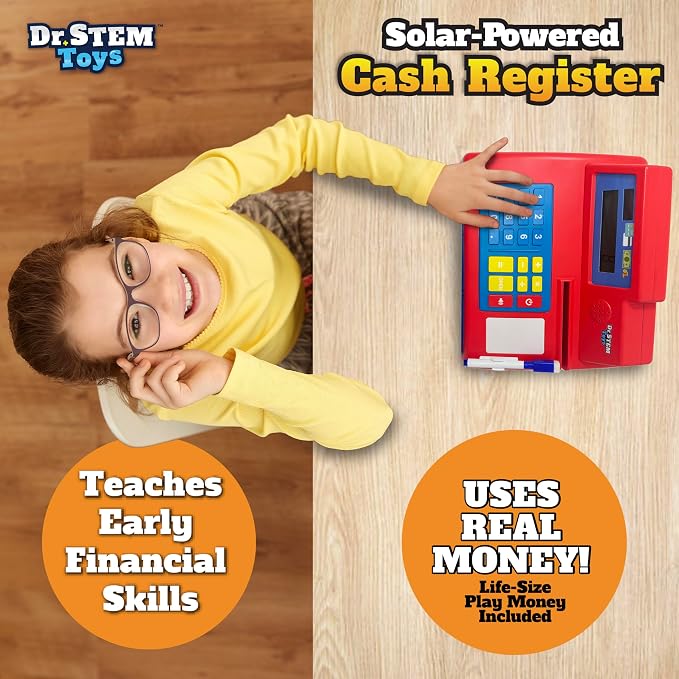 Dr. STEM Toys Solar Powered Calculator Pretend Cash Register with Play Money – 67-Piece Set for Learning Math Skills, STEM Cash Register for Kids, Red - Image 4