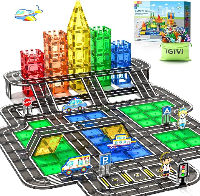 104 PCS Magnetic Tiles Road Set, STEM Magnet Toys Gift for 3+ Year Old Boys by IGIVI-MagneticToys