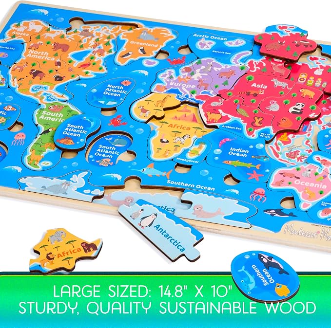 Montessori Mama World Map Wooden Puzzle, Continents and Oceans Puzzles for Kids Ages 4-6. Perfect Educational Toys for 4 Year Old Including Global Landmarks, Animals and Marine Life - Image 4