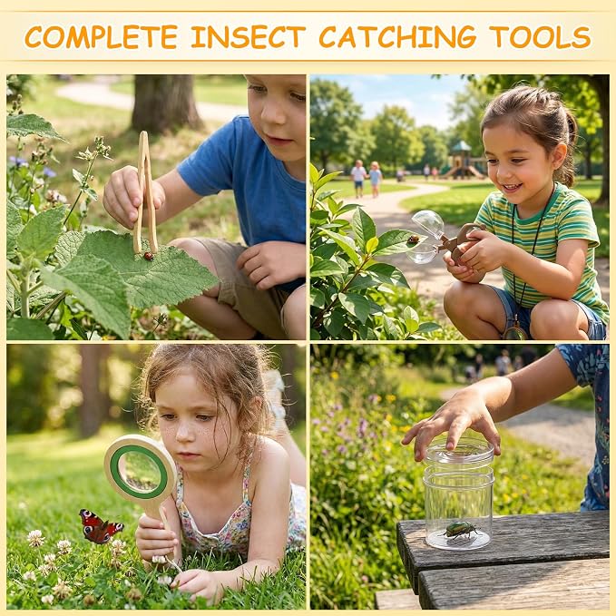 SainSmart Jr. Bug Catcher for Kids - Wooden Bug Habitat with Magnified Viewer, Butterfly Net, Observation Box, Tweezers & 15 Cards, Outdoor Toys & STEM Toys for Boys & Girls Ages 3+, Green - Image 5
