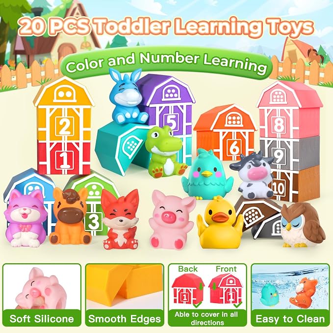 Oriate Farm Animal Learning Toys for Toddlers 1,2,3 Year Old, 20Pcs Farm Animals Montessori Toy for Counting Sorting Color Recognition & Matching, Finger Puppets & Stacking Toys 12M+ - Image 4