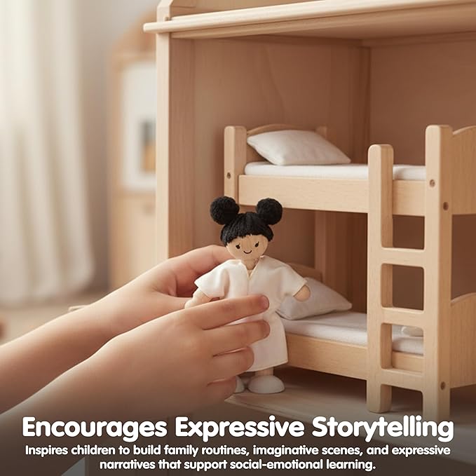 PlanToys® Wooden Girl Dollhouse Figure - Fair Skin Tone | Poseable 1:12 Scale Dollhouse People | Montessori Pretend Play Doll with Bendable Arms & Legs | Eco-Friendly Wooden Figurine for Kids
