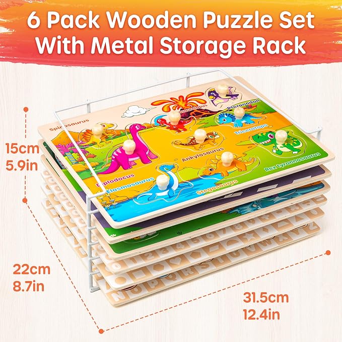 SYNARRY Wooden Puzzles for Toddlers 1-3, 6XSET Puzzles for Toddlers 2-4 with Rack, Learning Alphabet Number Animal Dinosaur Vehicle for Kids, Education Toys for 2 3 Years Boys Girls - Image 5