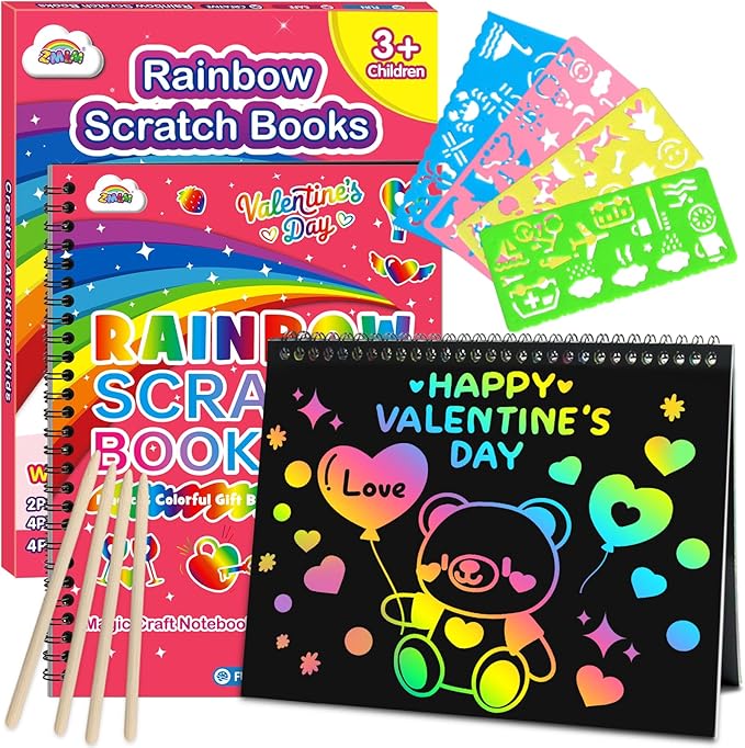 ZMLM Scratch Paper Art-Crafts Gift: 2 Pack Rainbow Notebooks Supplies Toys Valentine's Day Gifts for 3 4 5 6 7 8 9 10 Years Old Girls and Boys Kids Birthday Party Games