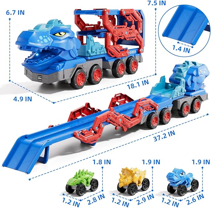 10 in 1 Dinosaur Truck Toys for Kids Toddlers Boys 3-5 4-8, Dino Carrier Truck with Foldable Track, Spray, Light & Sounds and 9 Dino Cars, Birthday Gifts for Kids Boys Girls 3 4 5 6 7 8 Year Old