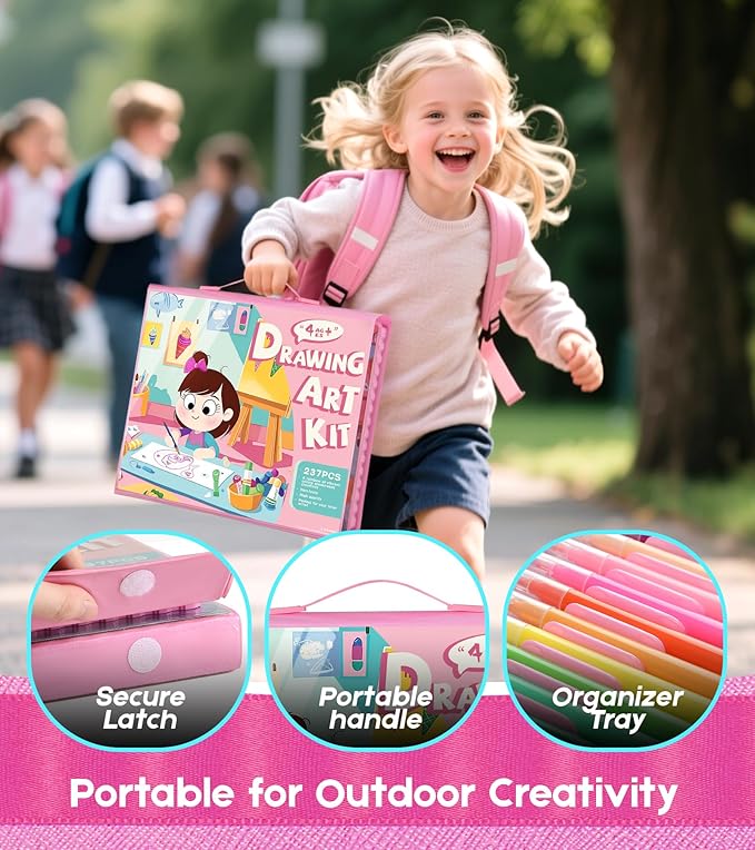 237-Piece Kids Art Set with Double-Sided Easel, Painting Kits for Kids Ages 4-8, Non-Toxic Art Supplies for Girls & Boys, Drawing Set with Watercolor, Oil Pastels, resent for Young Artists-Pink