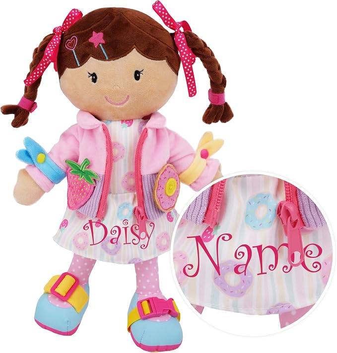 June Garden Personalized Dressy Friends Daisy – Custom Name Plush Doll for Toddlers – Montessori Learn-to-Dress Soft Toy with Buckles, Zipper & Ties – Educational Gift for Girls & Boys Age 2+ by JuneGarden