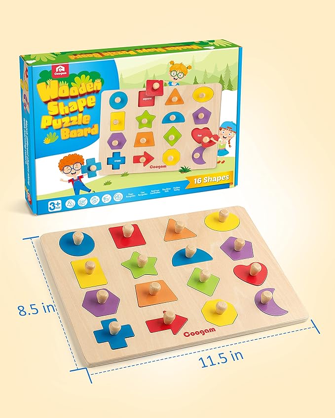 Coogam Montessori Toy Wooden Shape Peg Puzzle, Fine Motor Color Matching Sorting Board, Early Learning Educational Activity Toy Gift for Preschool Toddler Baby 3 4 5 Year Old