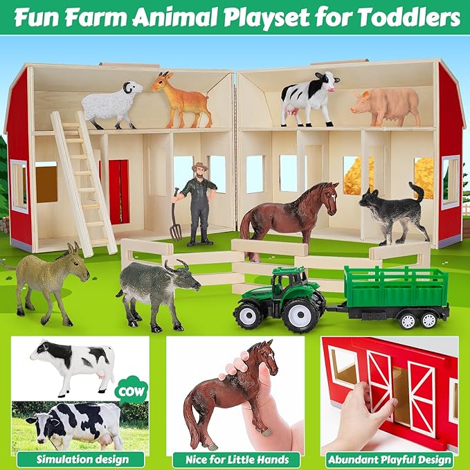 GMAOPHY Farm Animals Toys for 3+ Year Old Toddlers Girls Boys, Big Wooden Barn Farm with Figures Animals Toy for Kids, Farm Playset Educational Learning Toys, Ideal Christmas Birthday Gifts