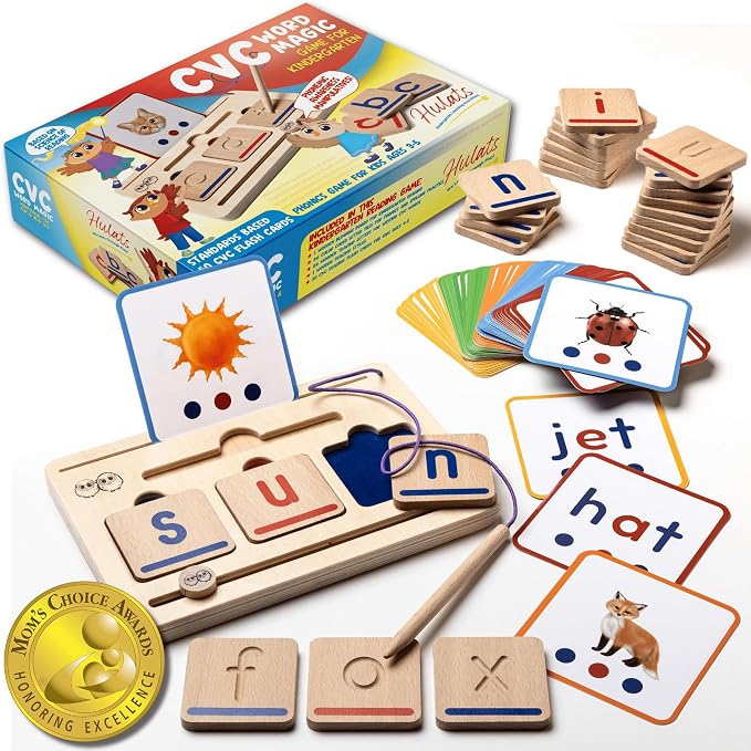 Hulats Wooden CVC Word Builder: Montessori Kindergarten Phonics Game 3-5 by Hulats