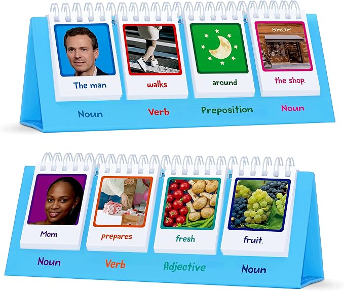 Sentence Flip Charts, 80 Double Sided Cards in Noun/Verb/Adjective/Preposition 40 New Sentence Building Freestanding Flip Chart Educational Learning Tool for School Supplies by SpriteGru