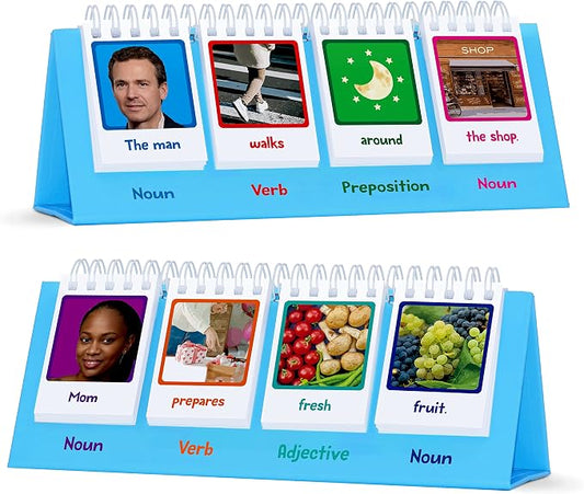 Sentence Flip Charts, 80 Double Sided Cards in Noun/Verb/Adjective/Preposition 40 New Sentence Building Freestanding Flip Chart Educational Learning Tool for School Supplies by SpriteGru
