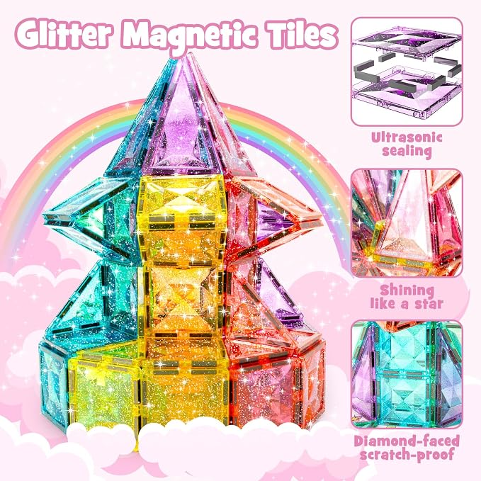WMXDU Large Pastel Magnetic Tiles: Glitter Diamond Castle Building Set - Image 2