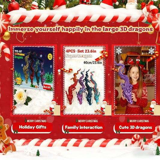 4-Pack Big 24 Inch 3D Printed Dragon Fidget Toy, Articulated Chinese Dragon Action Figure with Gift Box - Christmas Gift, Imaginative Play, Office Desk Decor & Collectible Figurine for Kids & Adults