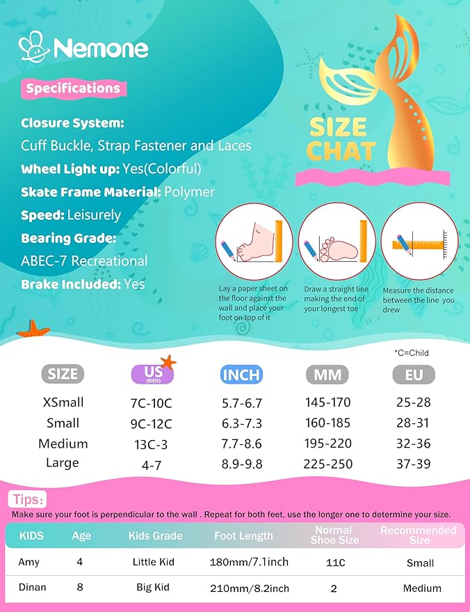 NEMONE Mermaid 4 Size Adjustable Light up Roller Skates for Girls, Purple Blue Skates for Toddlers, Beginner Kids Butterfly Roller Skates Indoor Outdoor