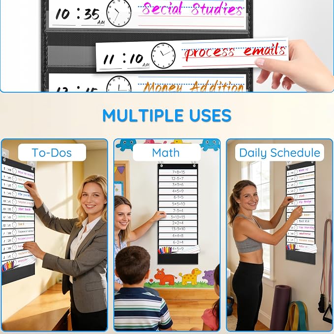 ZKOO Daily Schedule Pocket Chart for Kids, 13+1 Pocket Visual Schedule for Autism ADHD Classroom, 18 Reusable Double-Sided Dry-Erase Cards, Homeschool Special Education Routine Chart (Black) - Image 2