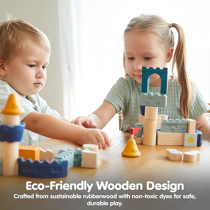 PlanToys® Castle Blocks Wooden Montessori Building and Imaginative Play Set | Creative Thinking, Fine Motor and Early STEM Learning Activity | Eco Friendly Open Ended Construction Toy