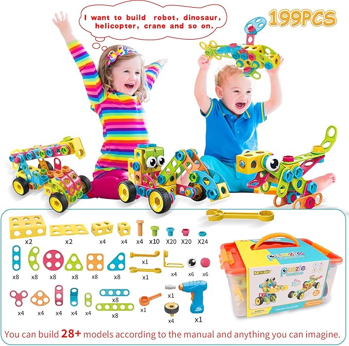 199PCS Building Blocks STEM Toys for 3 4 5 6 7 8+ Year Old Boy Girl Christmas Birthday Gifts Preschool Educational Building Toys for Kids Ages 3-5 4-8 5-7 6-8 Erector Sets Stem Kits Activities Games