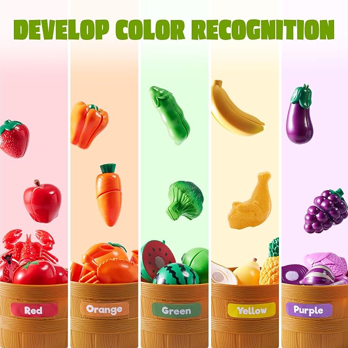 JOYIN Learning Toys Play Food Set for Kids, Cutting Food for Preschool Activities, Play Kitchen Accessories, Educational Toys, Color Sorting Set for Boys & Girls, Back to School Gifts for Kids - Image 2