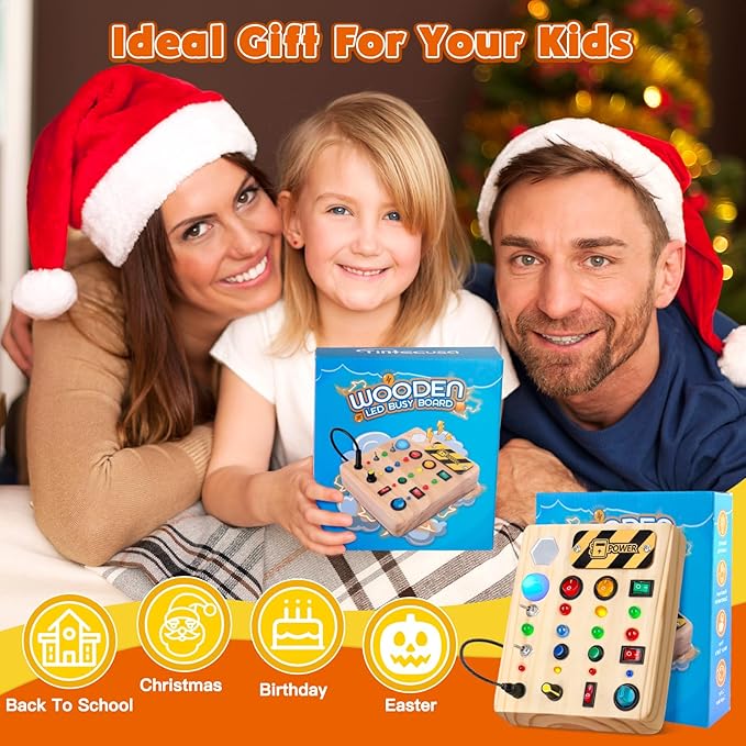 Busy Board Montessori Toys for Toddler, Wooden Sensory Board Switch Toy with Shape Sorter LED Light Up Toys Educational Plane Travel Activity for Girls & Boys