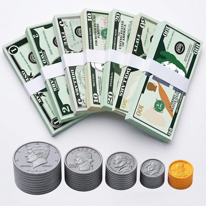 600 Pcs Fake Money for Kids - Realistic Play Money Bills & Plastic Coins - Math Manipulatives & Classroom Currency Set for Grocery Store, Bank, & Board Games - Educational Counting Toy, Ages 3+ by Unknown