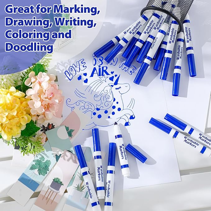 Janlaugh 36 Pcs Blue Washable Markers Bulk Coloring Broad Line Markers for Kids Blue Conical Tip Drawing Pen for Christmas,School Supplies, Travel Art Baby Shower Gender Reveal Party Supplies, Ages 6+