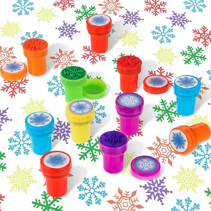 36 Pieces Snowflake Stamps Winter Stamps Bulk Plastic Colored Self Ink Assorted Snowflake for Card Making Christmas Party Favors, 6 Styles(Colorful)